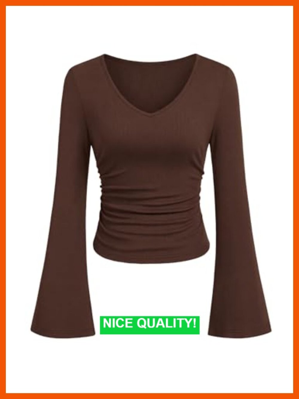 Ribbed V-Neck Long Bell Sleeve Fitted Ruched Going Out Tee Top
